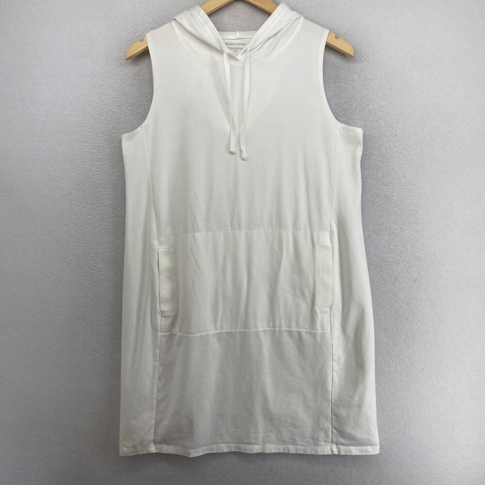 EILEEN FISHER Dress M Hoodie Stretch Cotton Jersey Shift Sleeveless White USA